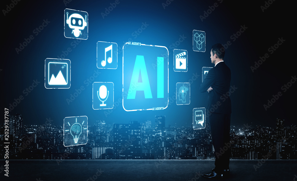 Obraz premium Businessman Observing AI Technology Icons with Cityscape Background in Modern Digital Concept for Innovation and Future Development Quark.