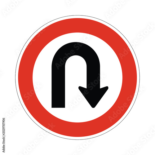 Prohibited u-turn road traffic sign isolated on transparent background round red border with black arrow symbol for navigation.