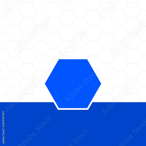 Minimalist blue hexagon shape protruding from a solid base against a light gray grid illustration