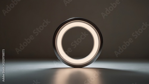 Minimalist studio photograph of a single sleek, metallic ring with a warm, circular glowing light edge, set against a dark grey backdrop, representing modern design, technology, illumination.