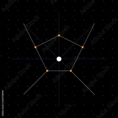 Abstract geometric pentagon network with orange nodes and starfield background representing cosmic navigation or data connectivity illustration