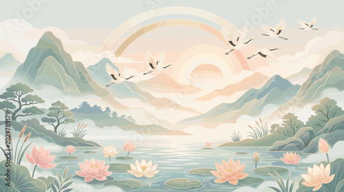 Canvas Print Serene Mountain Landscape with Water Lilies and Flying Birds.