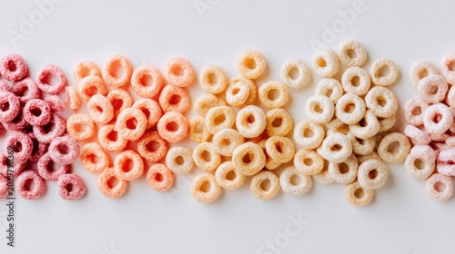Colorful breakfast cereal rings background for fun food and kids nutrition concepts. Crunchy sweet cereal pattern ideal for packaging, advertising and playful design projects.