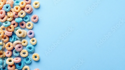 Colorful breakfast cereal rings background for fun food and kids nutrition concepts. Crunchy sweet cereal pattern ideal for packaging, advertising and playful design projects.