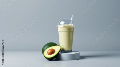 ​Fresh avocado smoothie milkshake in a plastic takeaway cup on a podium