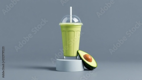 ​Fresh avocado smoothie milkshake in a plastic takeaway cup on a podium