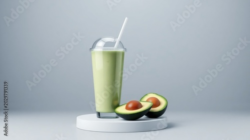 ​Fresh avocado smoothie milkshake in a plastic takeaway cup on a podium