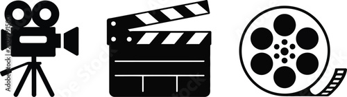 Cinema production icons, solid film camera clapperboard and movie reel symbols for media entertainment and filmmaking graphics.