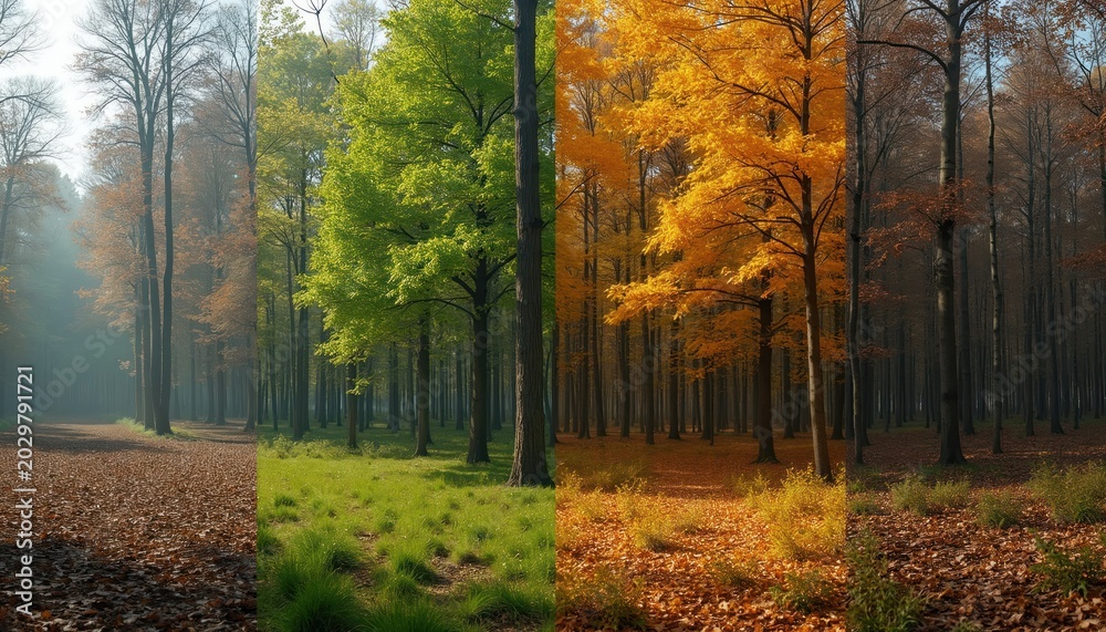 Fototapeta premium Forest evolves through. Leafless trees in mist transition to rich green summer. Golden autumn foliage follows, ending with bare branches in winter cold.