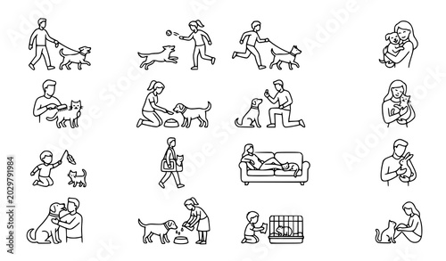 Obraz na płótnie People with pets line icon vector set for web mobile and infographic design isol