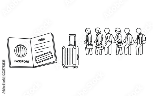 People standing in a line with a passport and travel luggage for airport check in process