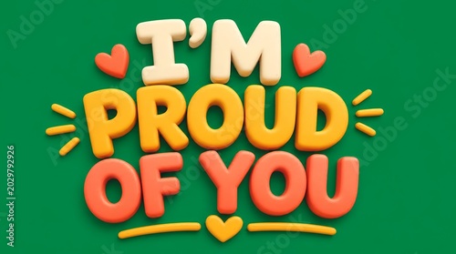 I'm Proud Of You 3D Text with Hearts and Stars on Green Background