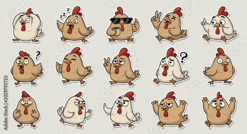 Funny Cartoon Chicken Emotes Stickers Pack, Various Expressions