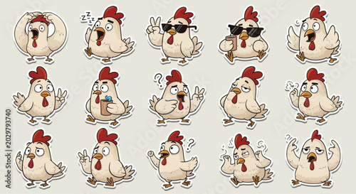 Funny Cartoon Chicken Emotes Stickers Set, Expressive Farm Bird Characters