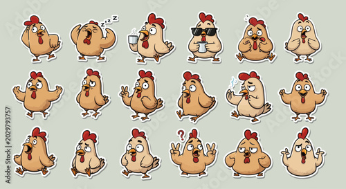 Funny Cartoon Chicken Emoticons Set - Various Emotions and Actions