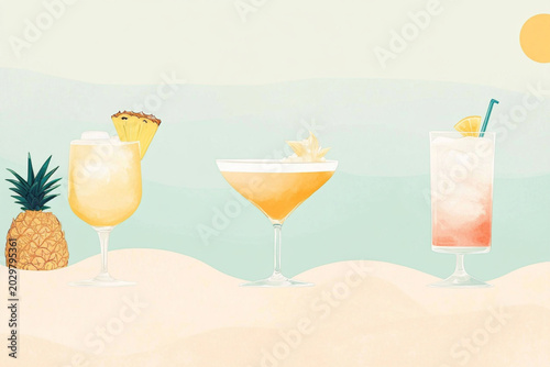 Three glasses with cocktails. A pineapple, a coconut cocktail and a citrus cocktails. Modern illustration.