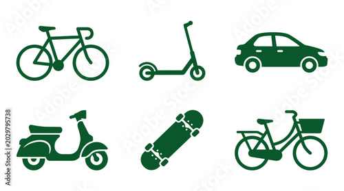 Quadro em tela Various modes of transportation including bicycles, scooters, cars, and skateboa