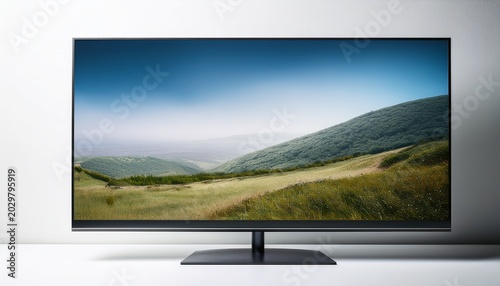 widescreen smart tv monitor facing forward against plain white surface