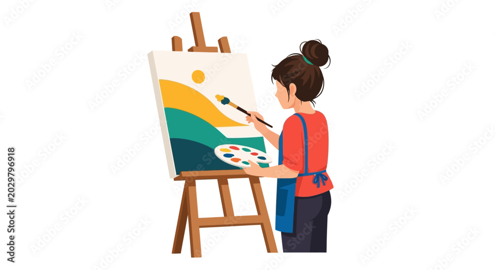 Fototapeta premium Young Woman Artist Painting Landscape on Canvas with Easel and Palette, Creative Hobby Flat Illustration Isolated on White Background