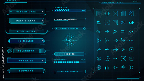 Cuadro en lienzo Futuristic cyan HUD asset bundle with system buttons, diagnostics panel, loading