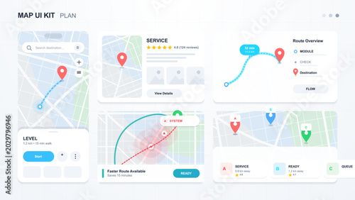 Obraz na płótnie Clean map UI kit with route planning screens, location pins, service card, desti