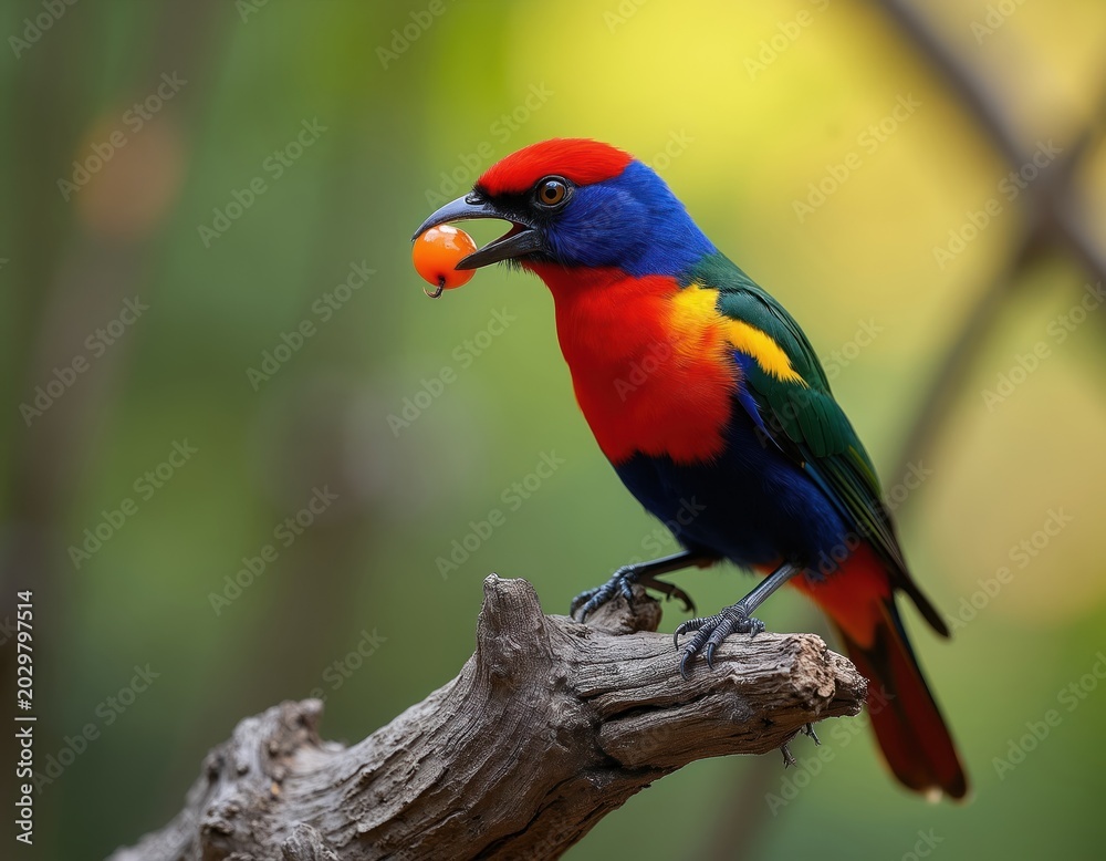 Fototapeta premium Colorful bird with red head blue body sits on branch holding orange berry. Wild animal in natural green forest habitat. Avian wildlife close up macro.