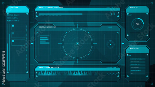 Konstfotografi Futuristic teal HUD dashboard with central viewport radar, telemetry progress ba
