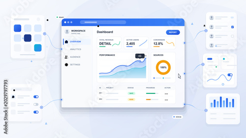 Canvastavla Clean web analytics dashboard UI with blue header, sidebar menu, charts, revenue