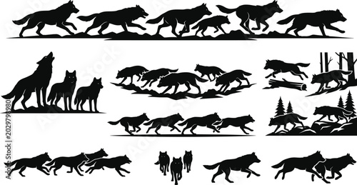 Quadro em tela Black Wolf Pack Silhouette Collection Featuring Running Howling and Forest Scene