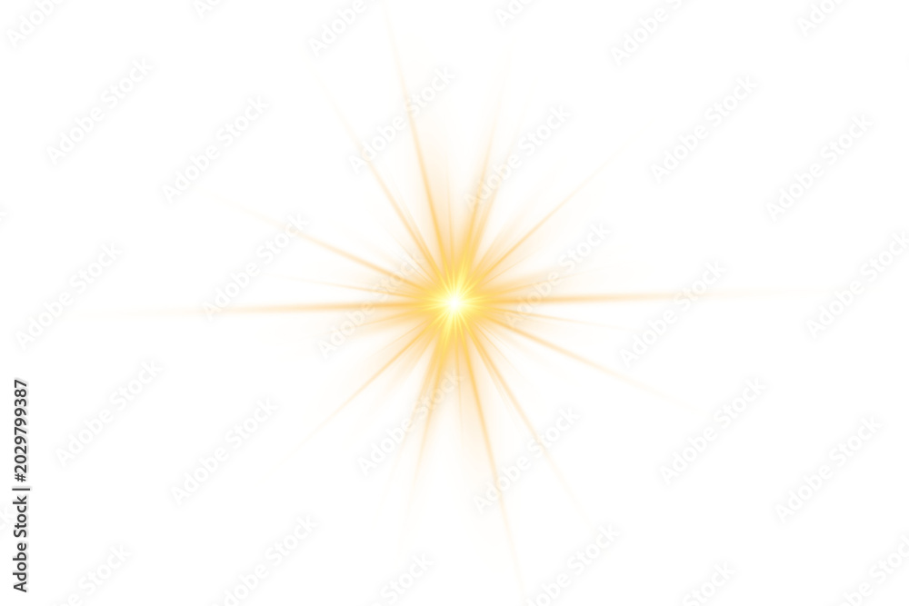 Fototapeta premium Yellow sun sparkle PNG with golden light, flash radiant sun rays, and glowing lens flash. Glow bright light star, explosion yellow sunlight, vector illustration