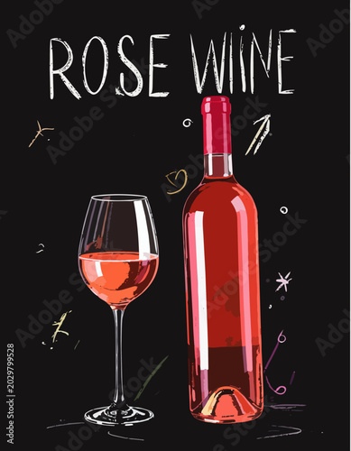  Botella de vino rosé y copa con bebida rosada sobre fondo oscuro minimalista. Diseño atractivo para restaurante, bar o carta de vinos.
