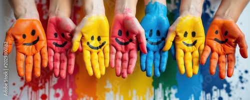 Multiple kids hands painted with bright colors and smiling faces. Children play with paint creating colorful artwork together on white background. Fun, creative activity.