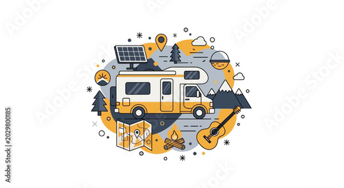 Modern Camper Van Illustration with Outdoor Adventure Elements like Campfire, Guitar, and Solar Panel for Sustainable Van Life Travel Concept