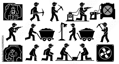 Fotografia Coal mining industry worker silhouette icons featuring miners with tools and equ
