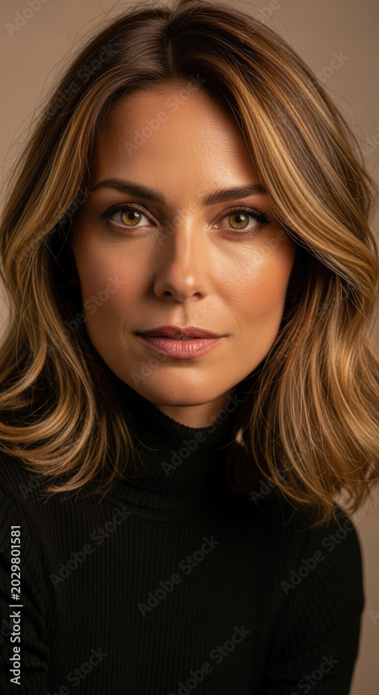 Naklejka premium Attractive young woman with highlighted hair, soft makeup, and a subtle smile gazing directly at the camera in a studio portrait.