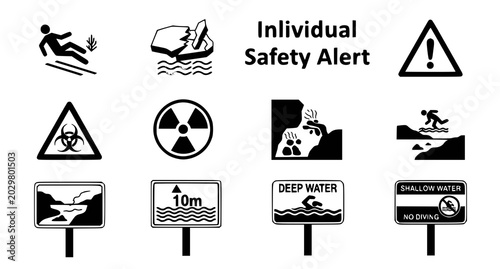 Φωτογραφία Collection of individual safety alert icons and water hazard warning signs for i
