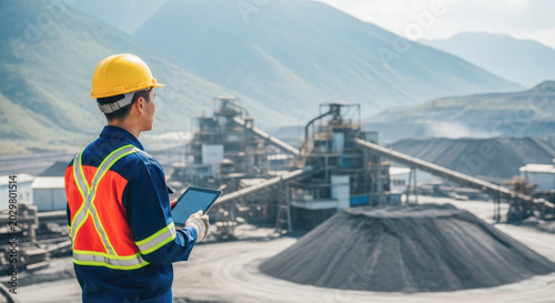 Focused mining engineer with tablet inspecting open-pit mine operations and machinery against dramatic mountain backdrop.