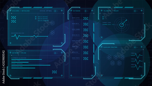 Billede på lærred Futuristic HUD dashboard with cyan system panels, databank node list, telemetry