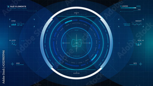 Photography Futuristic blue HUD elements with large circular scanner, azimuth and elevation
