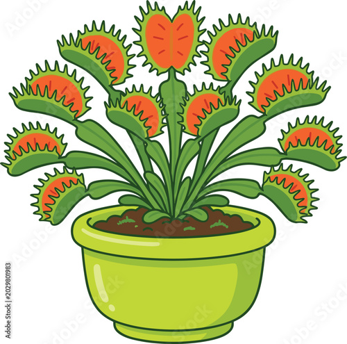 Venus Flytrap Carnivorous Plant Illustration in a Green Pot for Botanical Education Exotic Houseplant Care Guides and Nature Themed Cartoon Graphic Designs