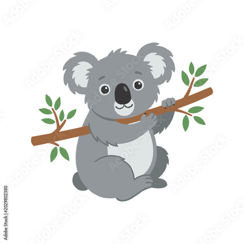 Cute cartoon koala holding branch.