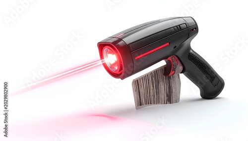 Futuristic laser gun emitting red light, resting on a surface.