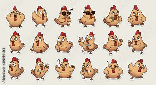 Tableau sur toile Funny Chicken Emotes, Cartoon Stickers with Various Emotions and Actions