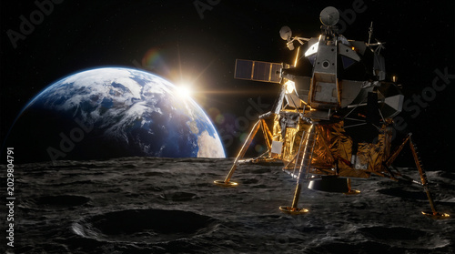 Lunar module in descent on the moons surface with Earth rising in the background, illuminated by sunlight, showcasing detailed craters and space exploration technology