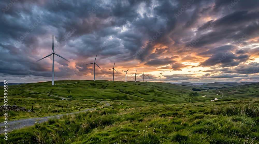 Obraz premium Wind farm at Sunset: Majestic wind turbines stand tall on rolling green hills, silhouetted against a dramatic sunset sky painted with vibrant hues of orange, red, and purple.