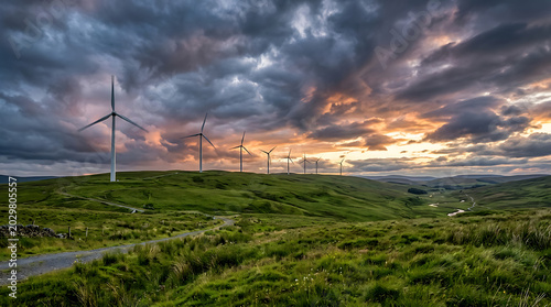 Wind farm at Sunset: Majestic wind turbines stand tall on rolling green hills, silhouetted against a dramatic sunset sky painted with vibrant hues of orange, red, and purple.