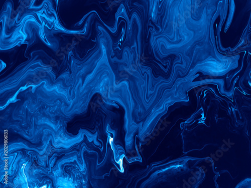 Neon blue abstract fantastic creative hand painted dark background, marble and brush texture, abstract ocean, acrylic