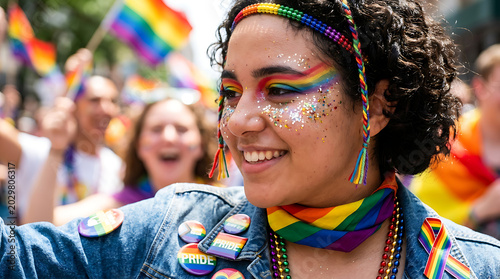 Pride Parade Participant: A joyful individual adorned with rainbow makeup and glitter participates in a vibrant pride parade, surrounded by a cheering crowd and fluttering pride flags.
