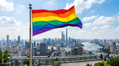 Pride Flag Over Cityscape: A vibrant rainbow flag, symbolizing pride and diversity, waves proudly against a backdrop of a sprawling cityscape under a partly cloudy sky.