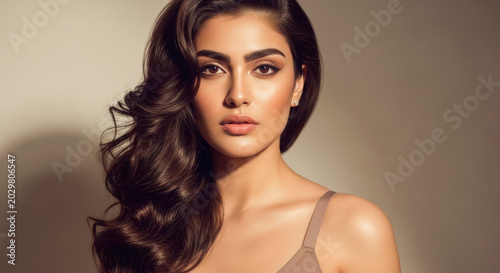 Beautiful young woman with wavy hair posing confidently, showcasing flawless makeup and radiant skin, in a studio setting.